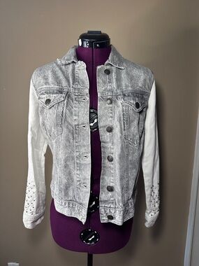 Sandro Gray & White Cotton Denim Jacket with Studded Sleeve, Statement Piece